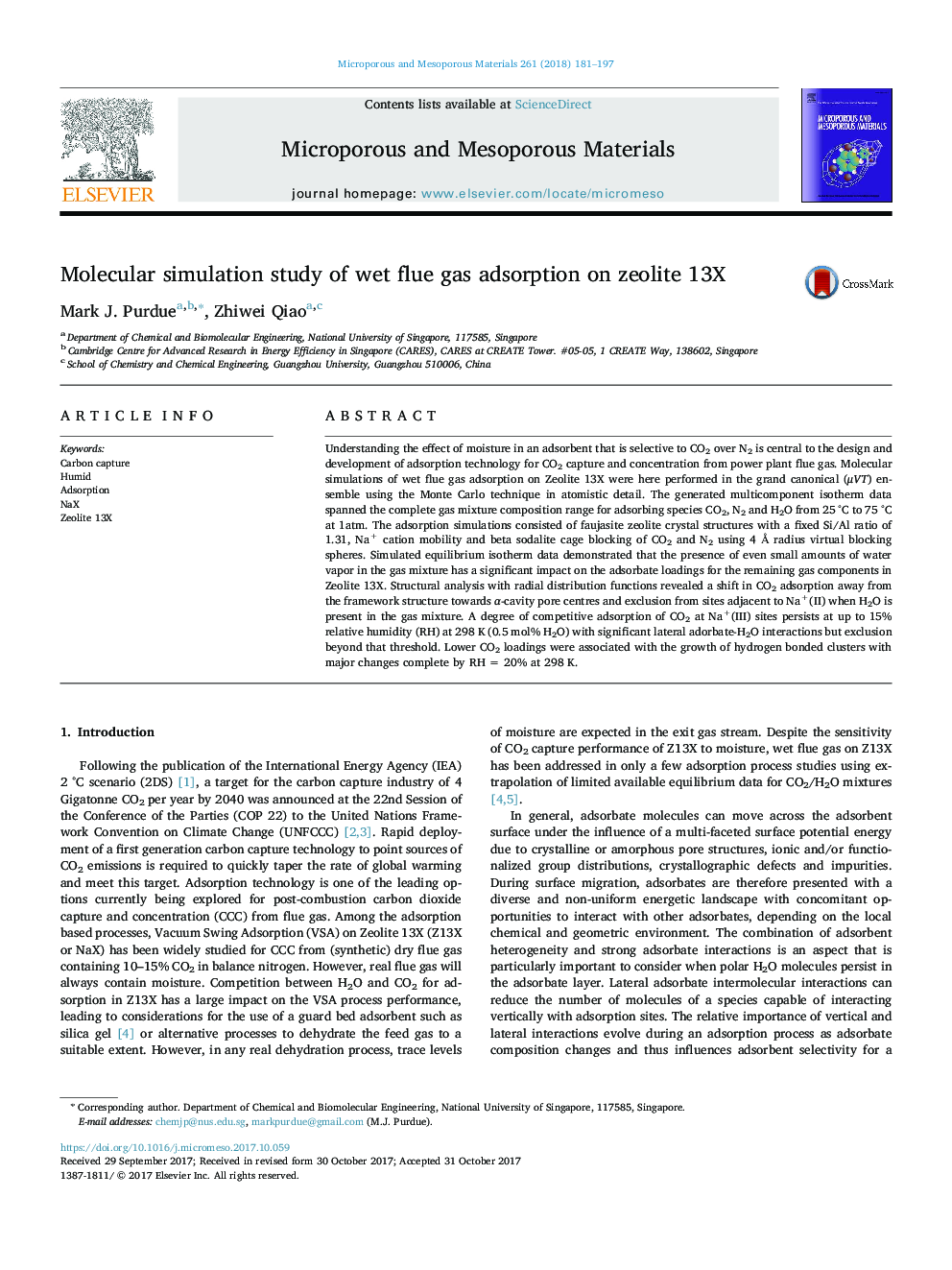 Molecular simulation study of wet flue gas adsorption on zeolite 13X