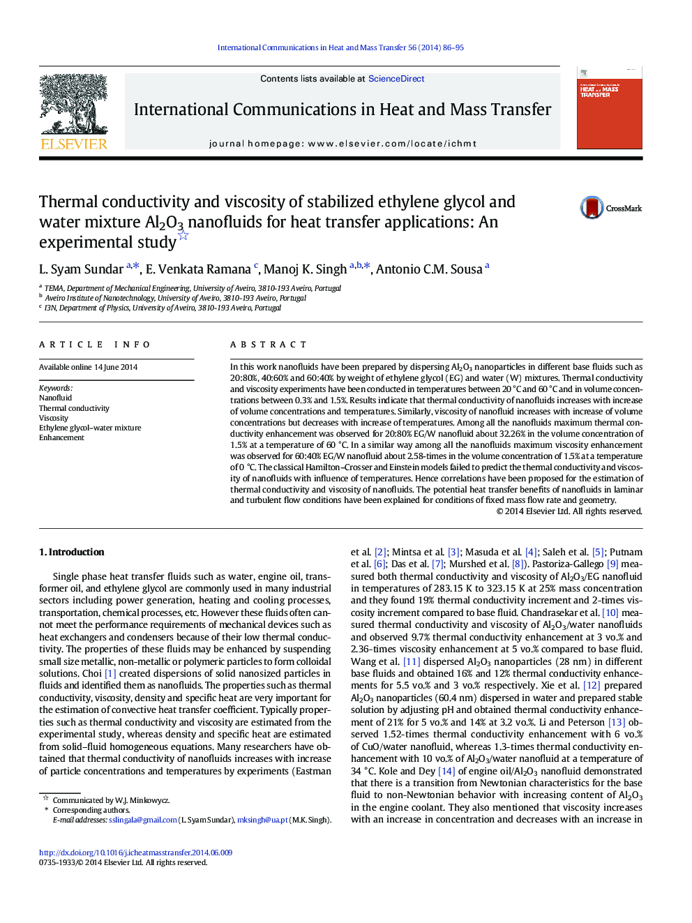 Thermal conductivity and viscosity of stabilized ethylene glycol and water mixture Al2O3 nanofluids for heat transfer applications: An experimental study 