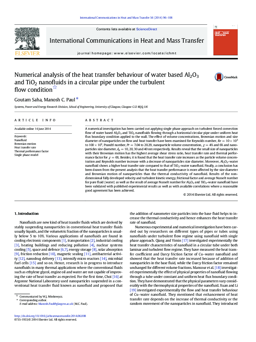 Numerical analysis of the heat transfer behaviour of water based Al2O3 and TiO2 nanofluids in a circular pipe under the turbulent flow condition