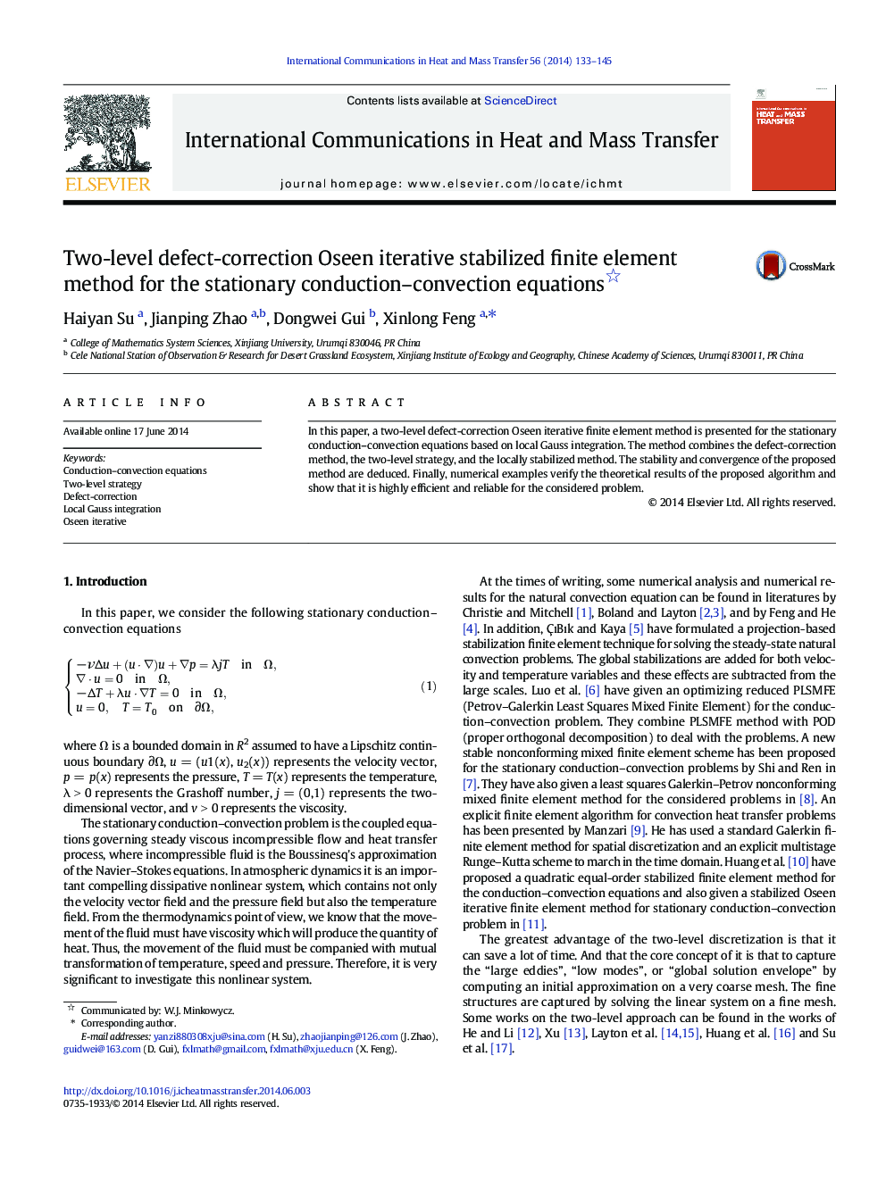 Two-level defect-correction Oseen iterative stabilized finite element method for the stationary conduction–convection equations 