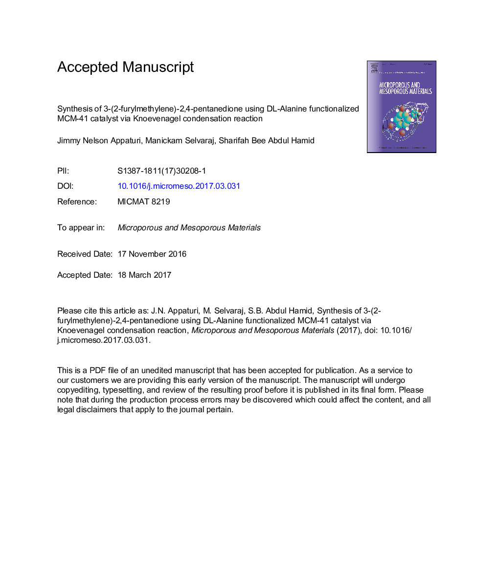 Synthesis of 3-(2-furylmethylene)-2,4-pentanedione using DL-Alanine functionalized MCM-41 catalyst via Knoevenagel condensation reaction