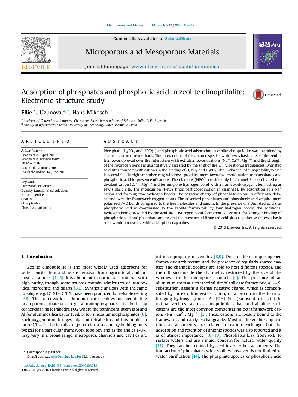 Adsorption of phosphates and phosphoric acid in zeolite clinoptilolite: Electronic structure study