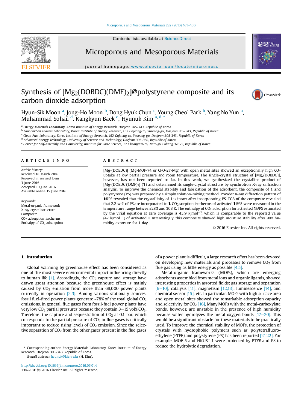 Synthesis of [Mg2(DOBDC)(DMF)2]@polystyrene composite and its carbon dioxide adsorption