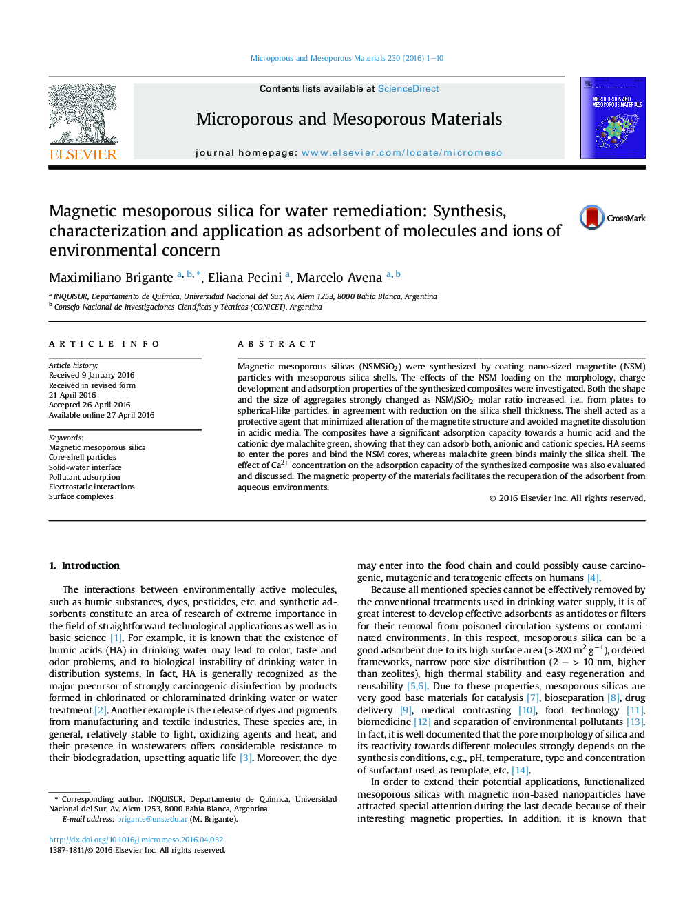 Magnetic mesoporous silica for water remediation: Synthesis, characterization and application as adsorbent of molecules and ions of environmental concern