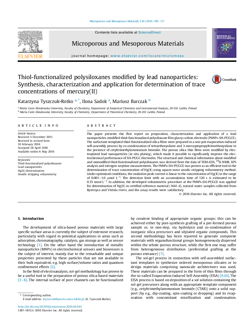 عکس صفحه اول مقاله: Thiol-functionalized polysiloxanes modified by lead nanoparticles: Synthesis, characterization and application for determination of trace concentrations of mercury(II) Thiol-functionalized polysiloxanes modified by lead nanoparticles: Synthesis, characterization and application for determination of trace concentrations of mercury(II)
