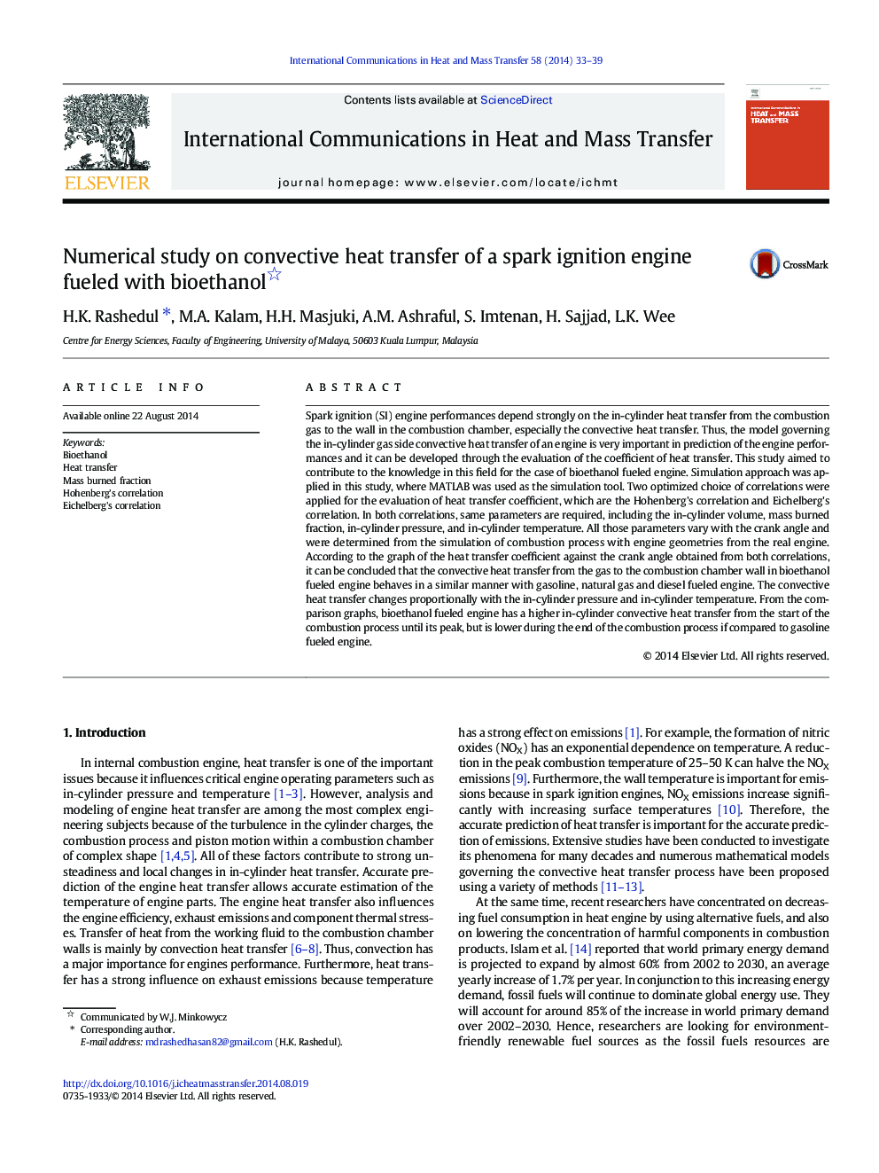Numerical study on convective heat transfer of a spark ignition engine fueled with bioethanol 