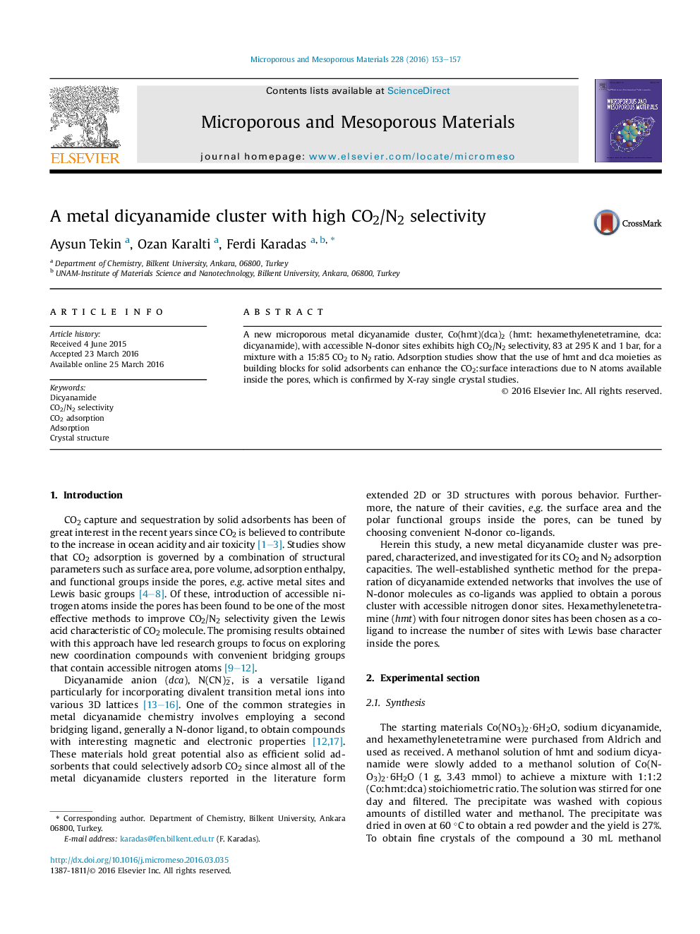 A metal dicyanamide cluster with high CO2/N2 selectivity