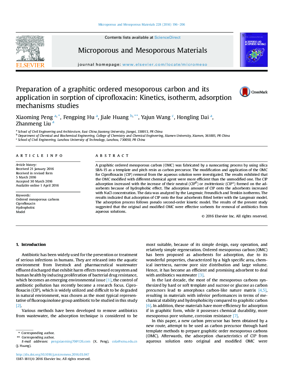 Preparation of a graphitic ordered mesoporous carbon and its application in sorption of ciprofloxacin: Kinetics, isotherm, adsorption mechanisms studies