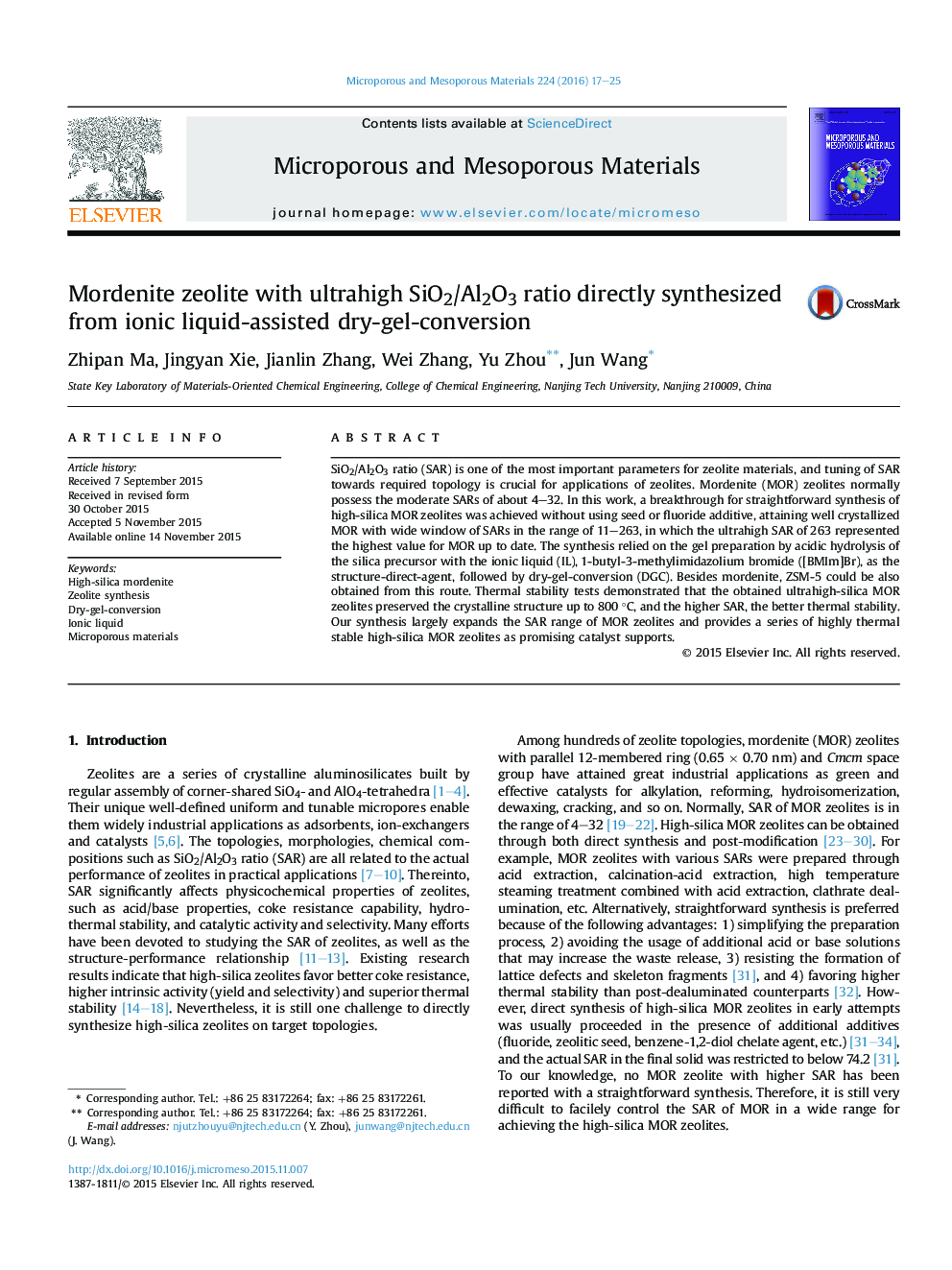 Mordenite zeolite with ultrahigh SiO2/Al2O3 ratio directly synthesized from ionic liquid-assisted dry-gel-conversion