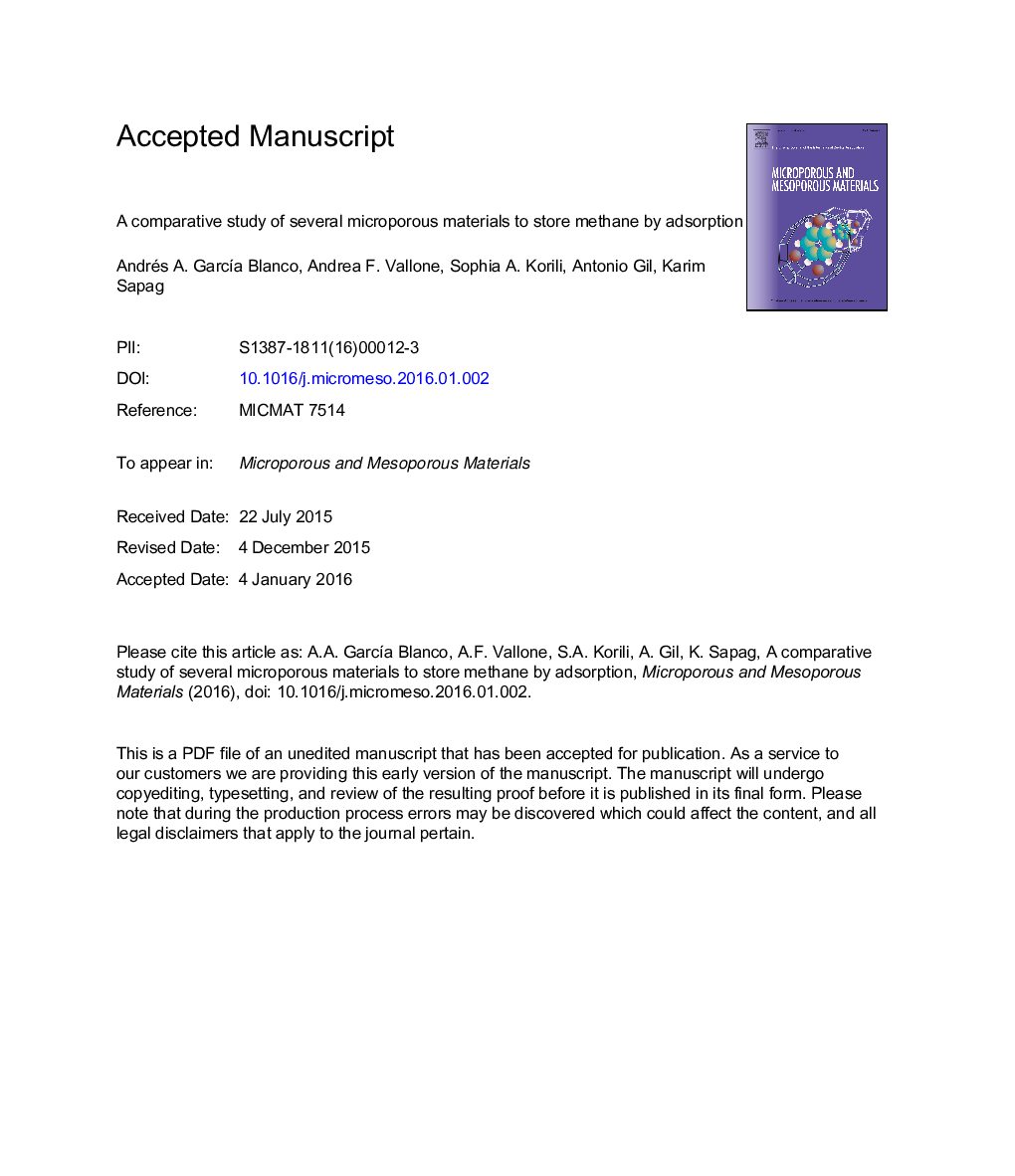 A comparative study of several microporous materials to store methane by adsorption