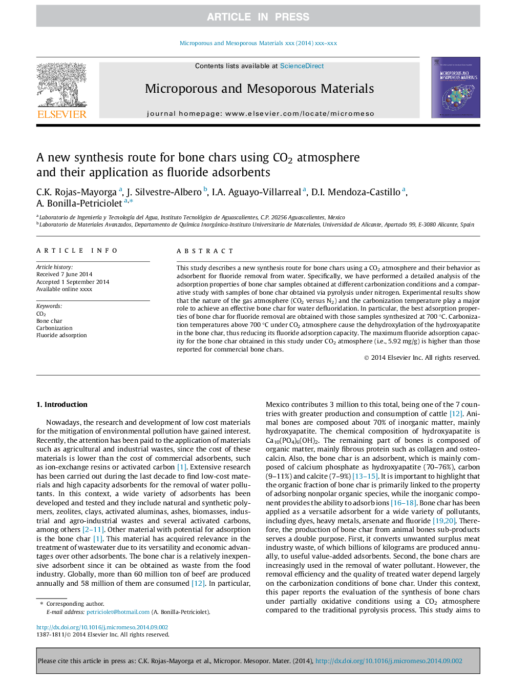 A new synthesis route for bone chars using CO2 atmosphere and their application as fluoride adsorbents