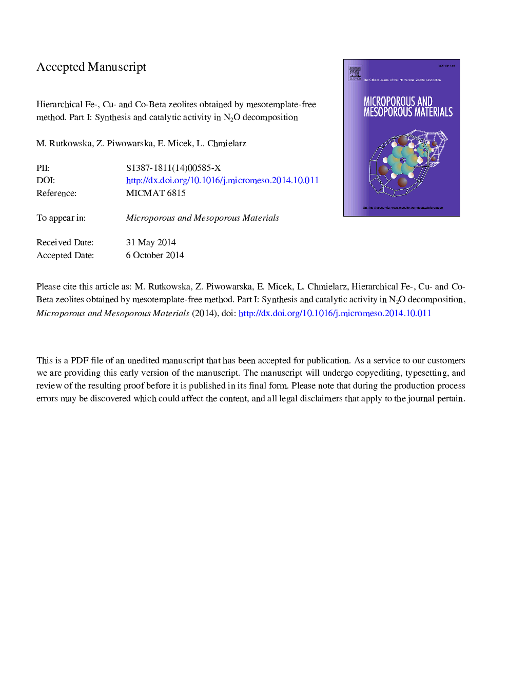 Hierarchical Fe-, Cu- and Co-Beta zeolites obtained by mesotemplate-free method. Part I: Synthesis and catalytic activity in N2O decomposition