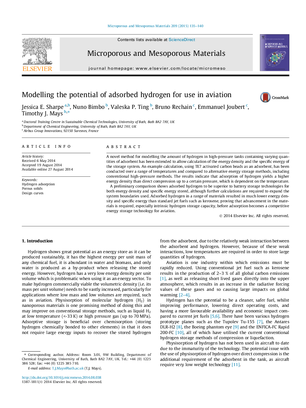 Modelling the potential of adsorbed hydrogen for use in aviation