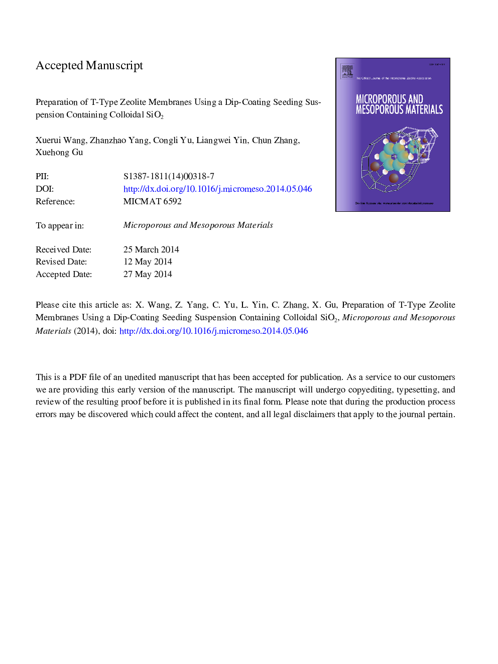 Preparation of T-type zeolite membranes using a dip-coating seeding suspension containing colloidal SiO2