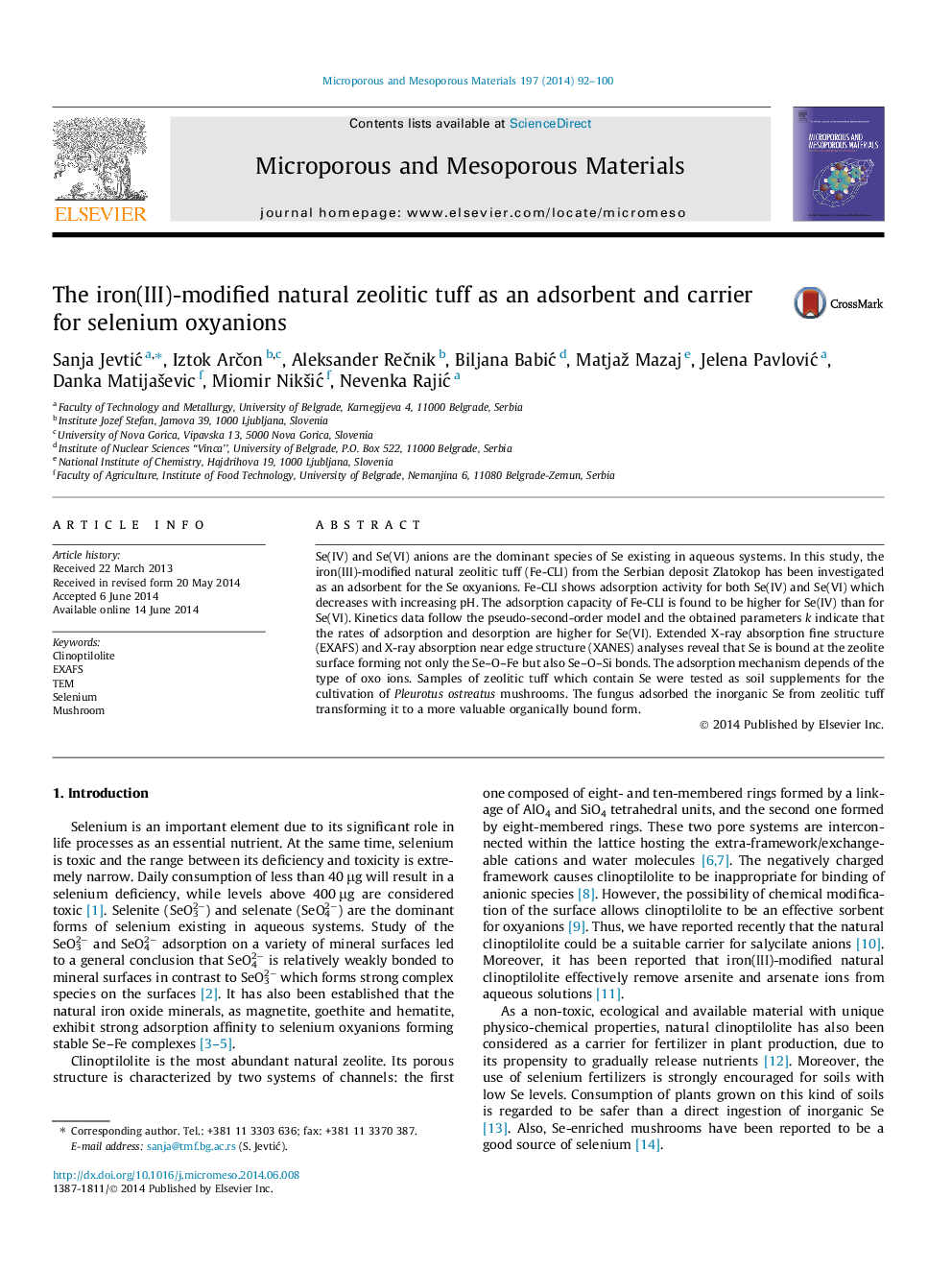 The iron(III)-modified natural zeolitic tuff as an adsorbent and carrier for selenium oxyanions