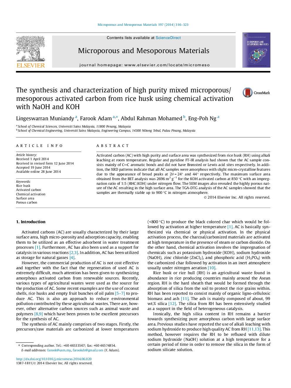 The synthesis and characterization of high purity mixed microporous/mesoporous activated carbon from rice husk using chemical activation with NaOH and KOH