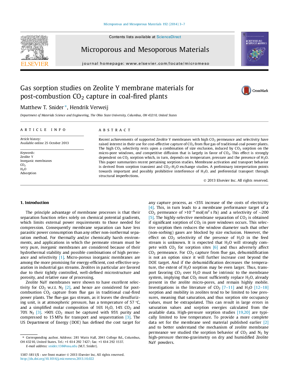 Gas sorption studies on Zeolite Y membrane materials for post-combustion CO2 capture in coal-fired plants