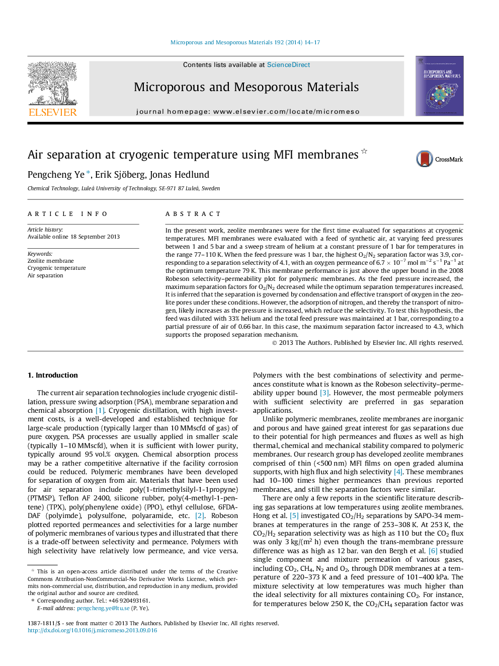 Air separation at cryogenic temperature using MFI membranes