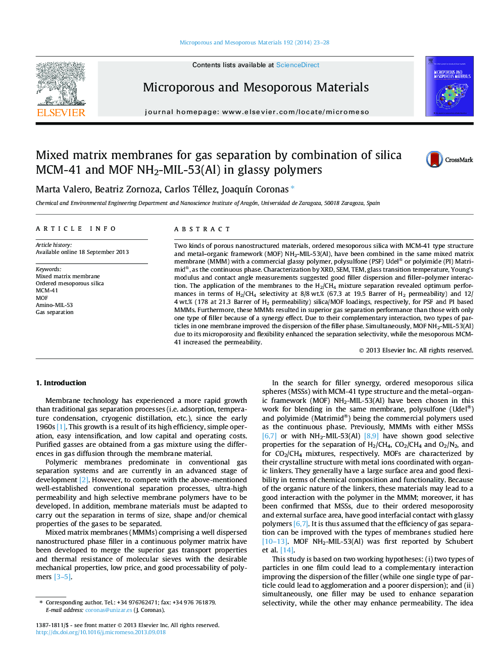 Mixed matrix membranes for gas separation by combination of silica MCM-41 and MOF NH2-MIL-53(Al) in glassy polymers