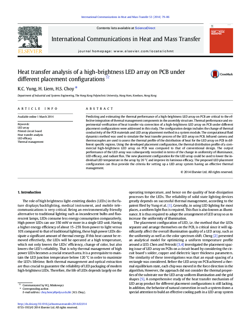 Heat transfer analysis of a high-brightness LED array on PCB under different placement configurations 