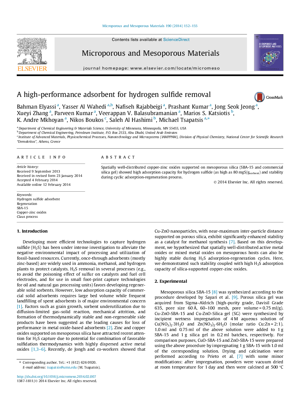 A high-performance adsorbent for hydrogen sulfide removal