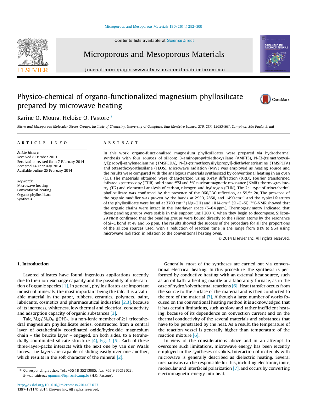 Physico-chemical of organo-functionalized magnesium phyllosilicate prepared by microwave heating