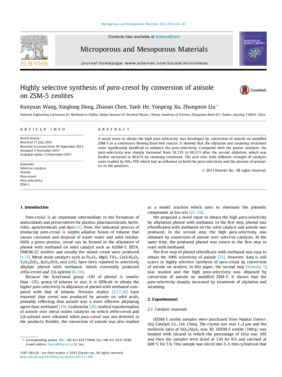 Highly selective synthesis of para-cresol by conversion of anisole on ZSM-5 zeolites