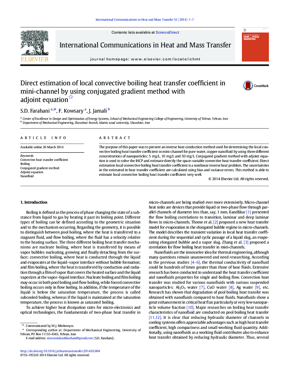 Direct estimation of local convective boiling heat transfer coefficient in mini-channel by using conjugated gradient method with adjoint equation 