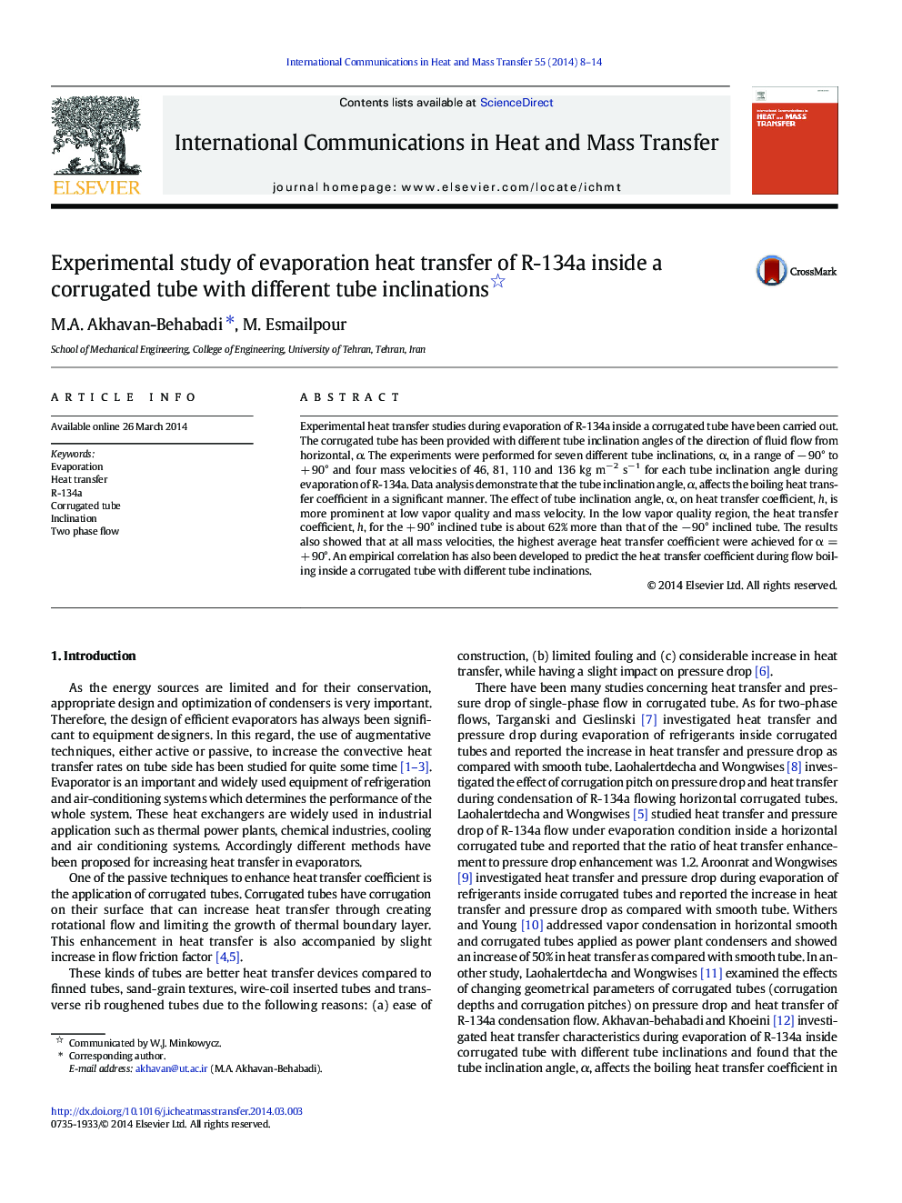 Experimental study of evaporation heat transfer of R-134a inside a corrugated tube with different tube inclinations 