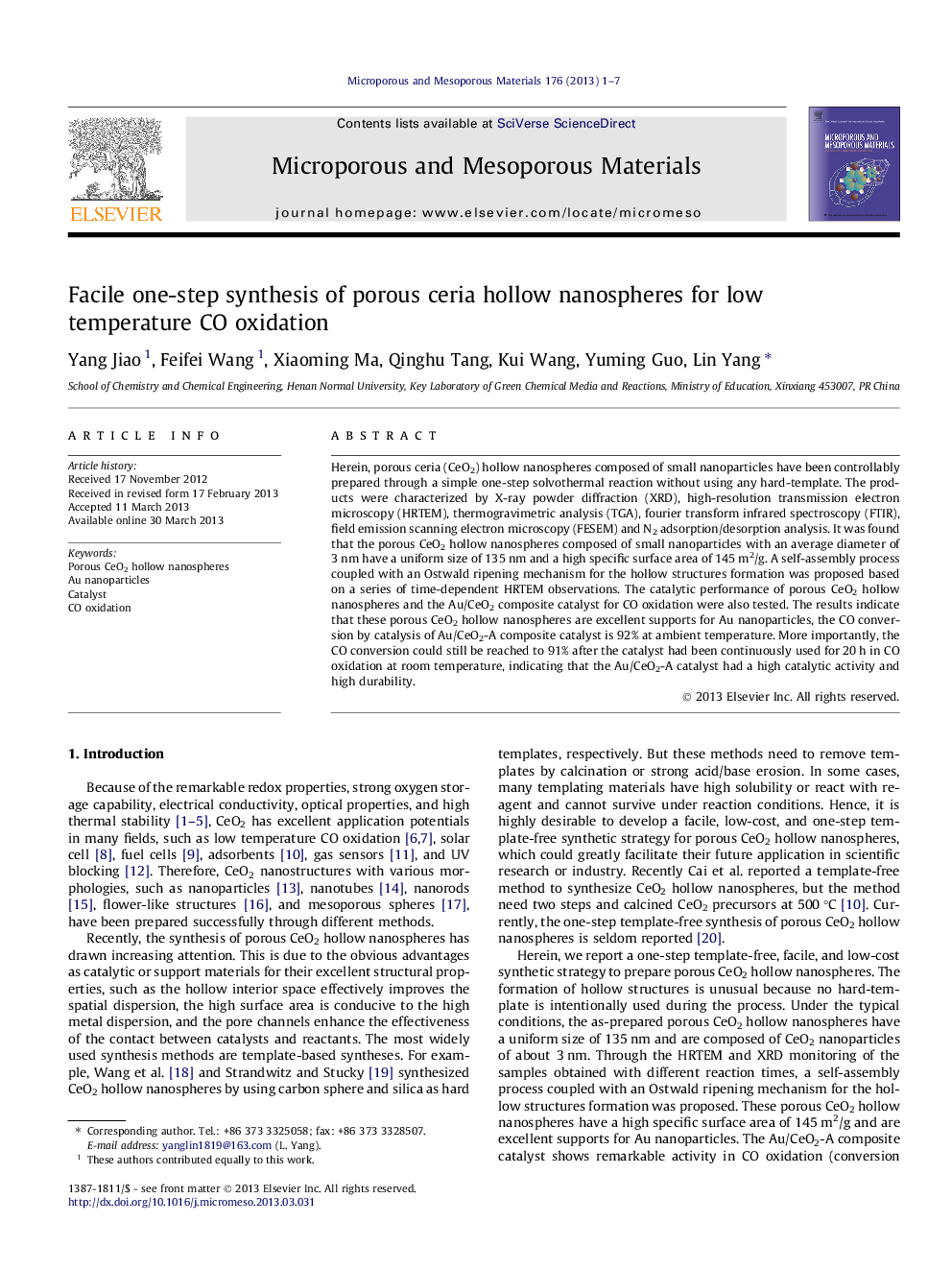 عکس صفحه اول مقاله: Facile one-step synthesis of porous ceria hollow nanospheres for low temperature CO oxidation Facile one-step synthesis of porous ceria hollow nanospheres for low temperature CO oxidation