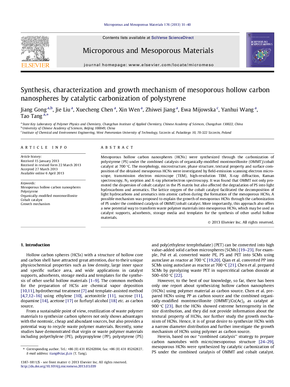 Synthesis, characterization and growth mechanism of mesoporous hollow carbon nanospheres by catalytic carbonization of polystyrene