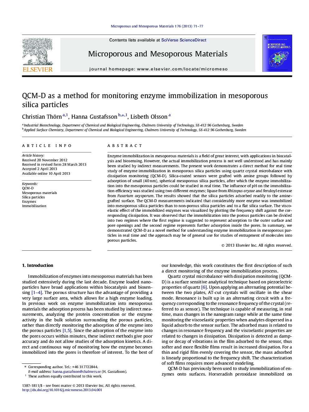 QCM-D as a method for monitoring enzyme immobilization in mesoporous silica particles