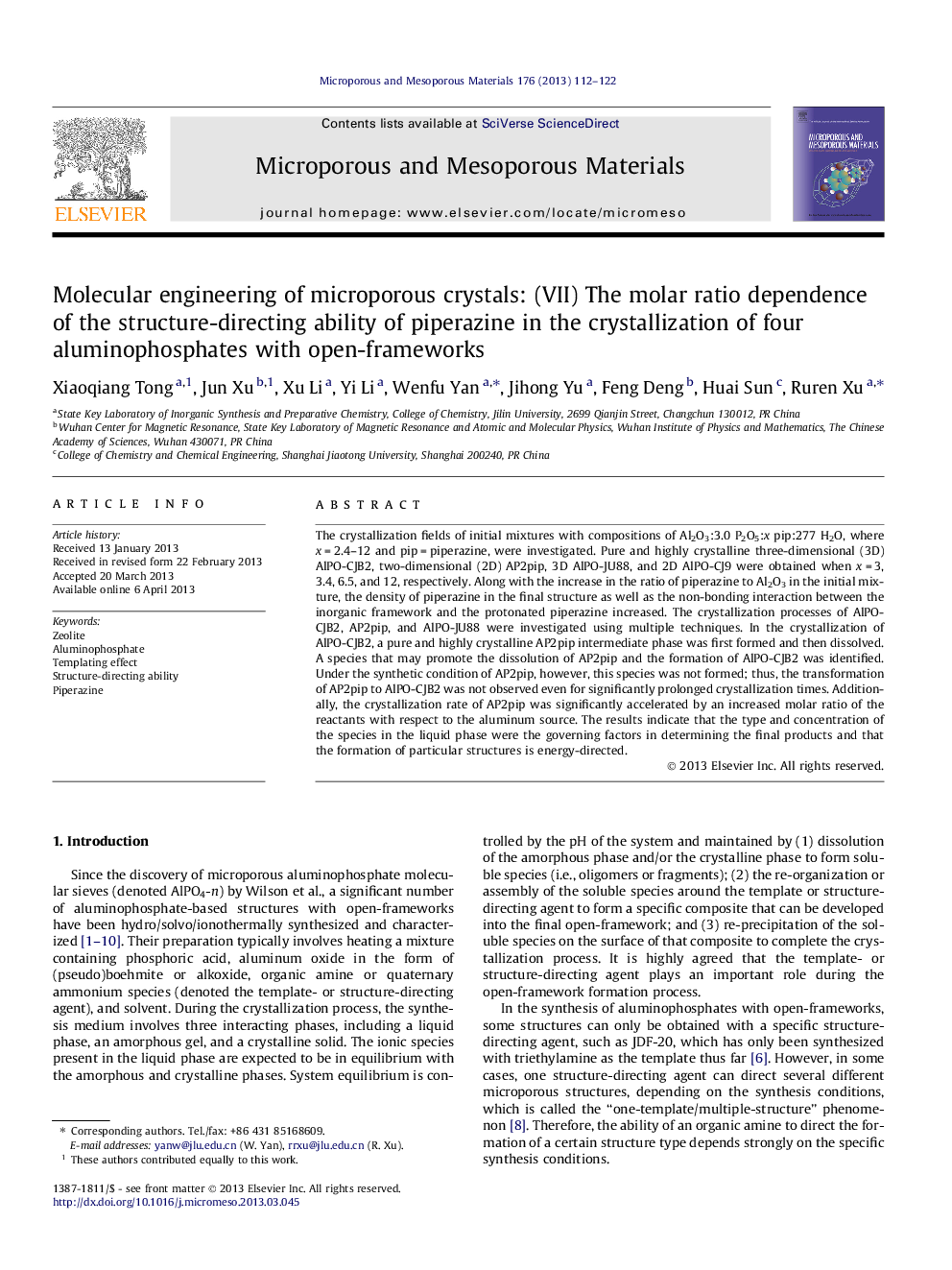 Molecular engineering of microporous crystals: (VII) The molar ratio dependence of the structure-directing ability of piperazine in the crystallization of four aluminophosphates with open-frameworks