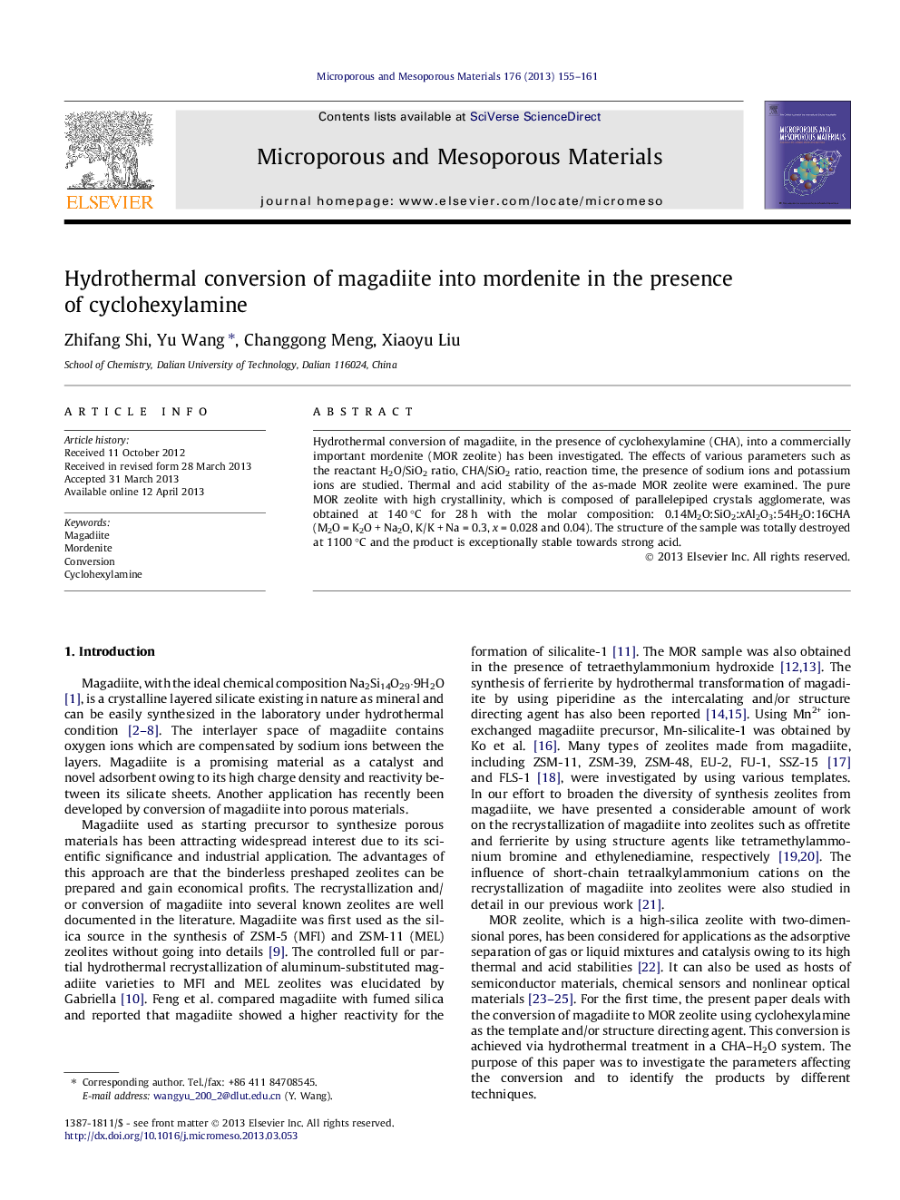 Hydrothermal conversion of magadiite into mordenite in the presence of cyclohexylamine