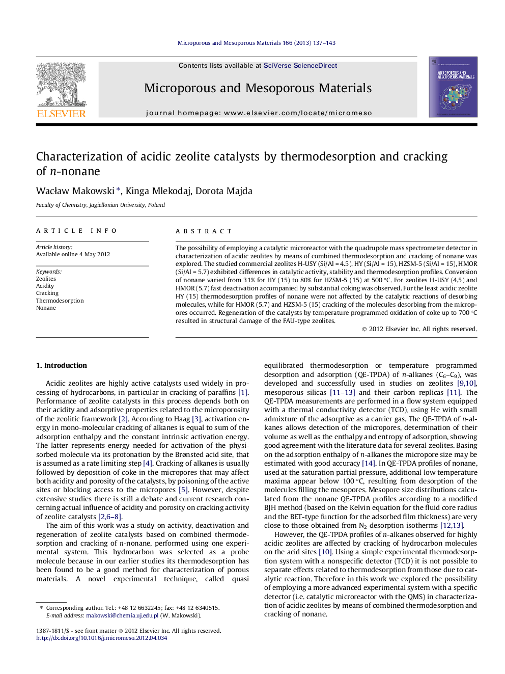 Characterization of acidic zeolite catalysts by thermodesorption and cracking of n-nonane