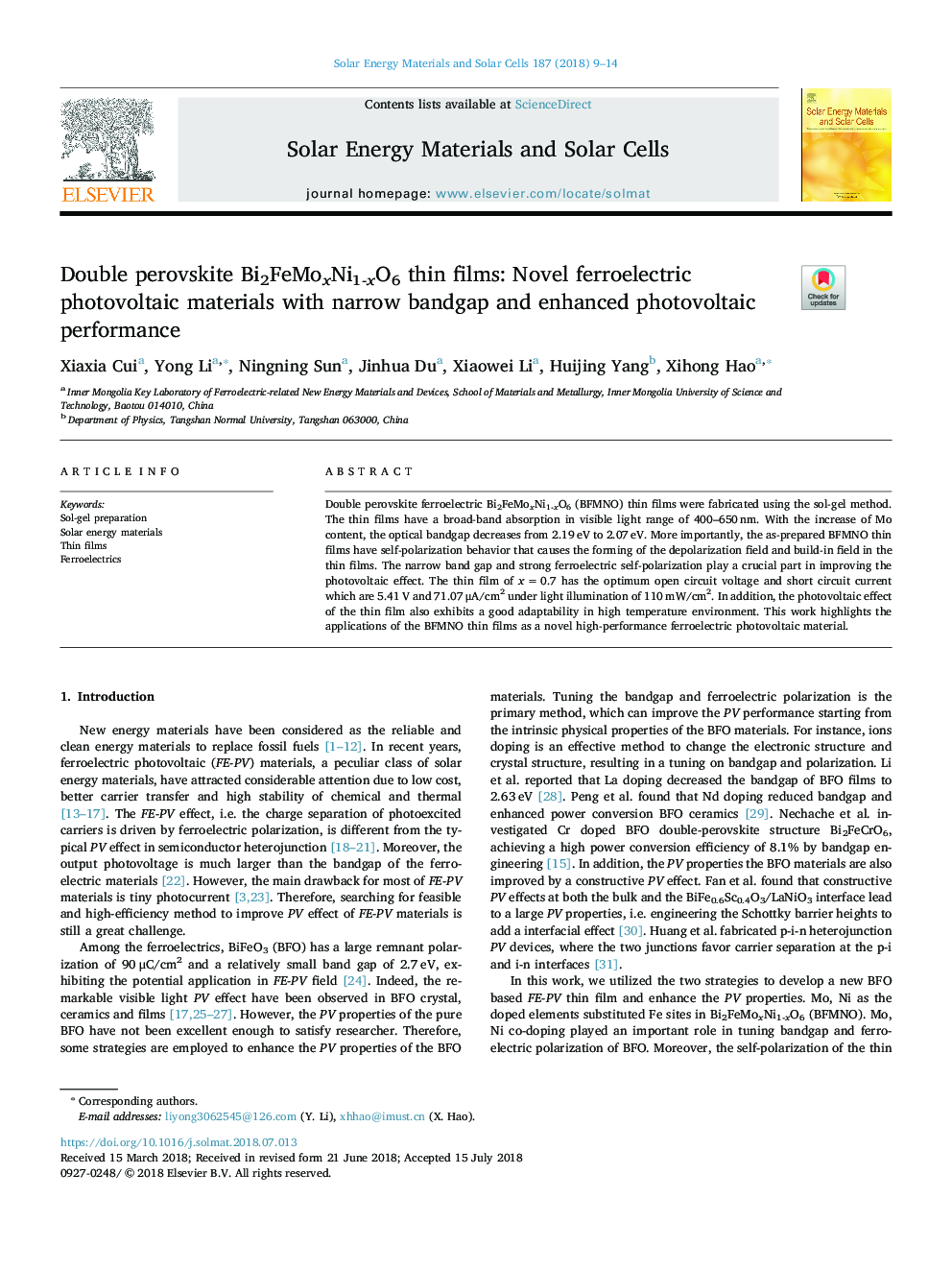 Double perovskite Bi2FeMoxNi1-xO6 thin films: Novel ferroelectric photovoltaic materials with narrow bandgap and enhanced photovoltaic performance