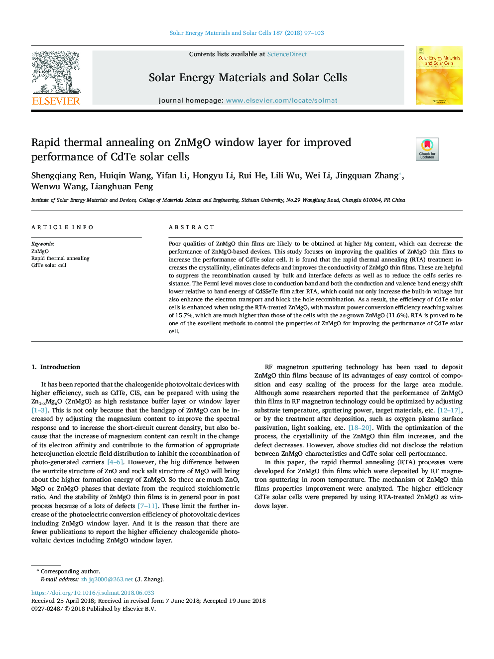 Rapid thermal annealing on ZnMgO window layer for improved performance of CdTe solar cells