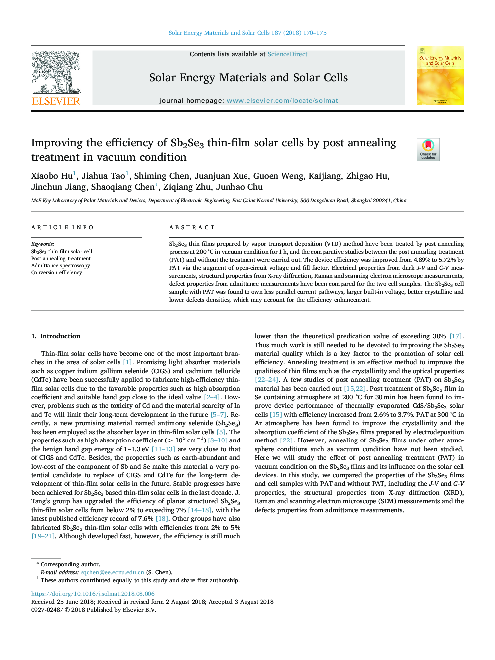 Improving the efficiency of Sb2Se3 thin-film solar cells by post annealing treatment in vacuum condition