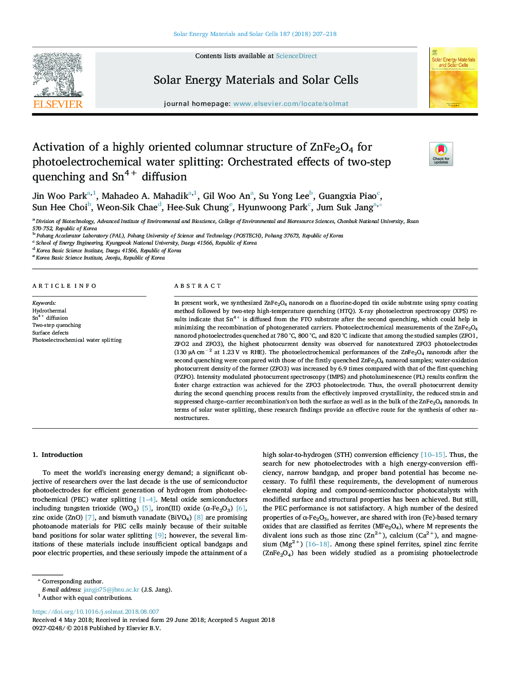 Activation of a highly oriented columnar structure of ZnFe2O4 for photoelectrochemical water splitting: Orchestrated effects of two-step quenching and Sn4+ diffusion