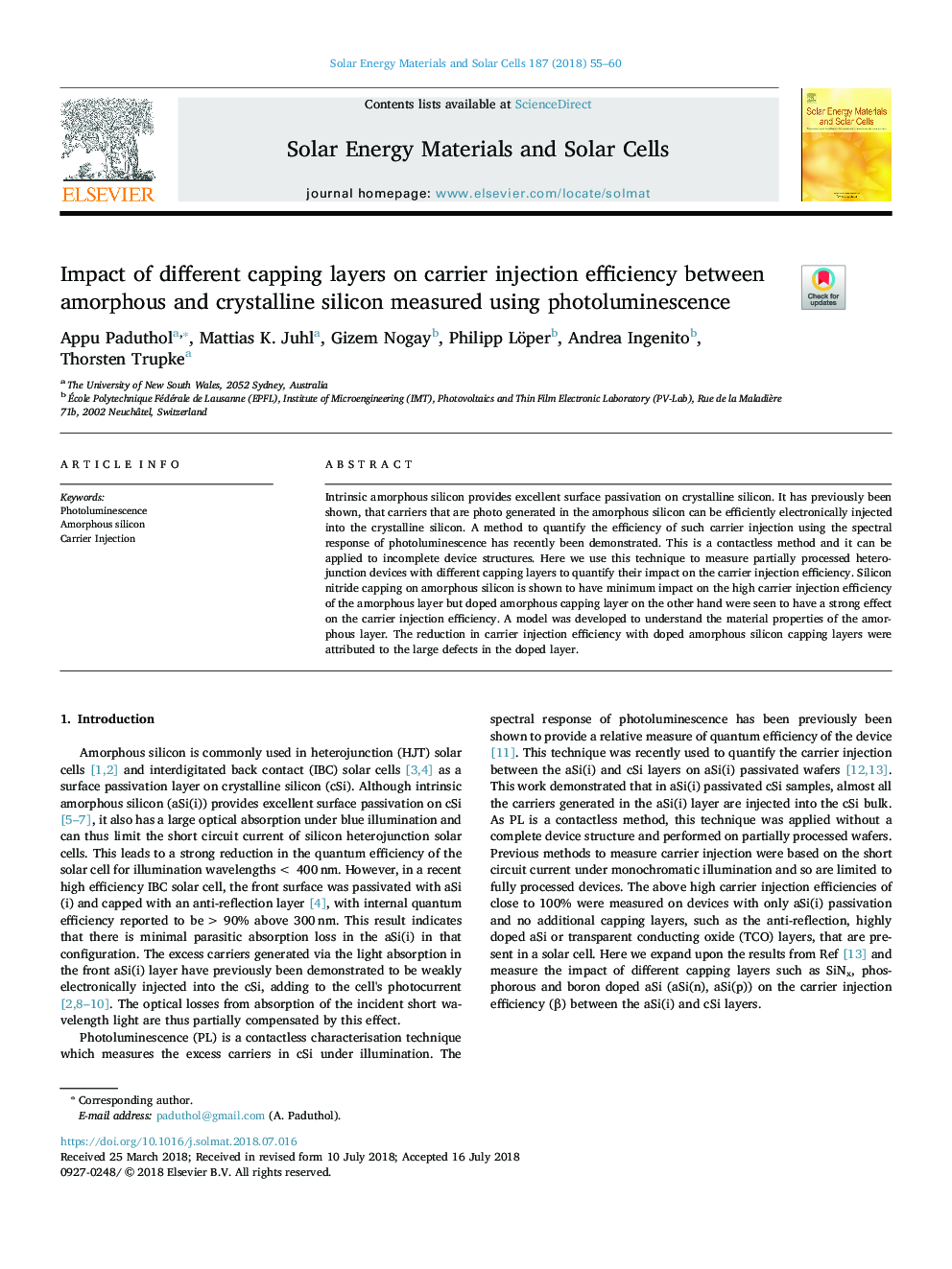 Impact of different capping layers on carrier injection efficiency between amorphous and crystalline silicon measured using photoluminescence