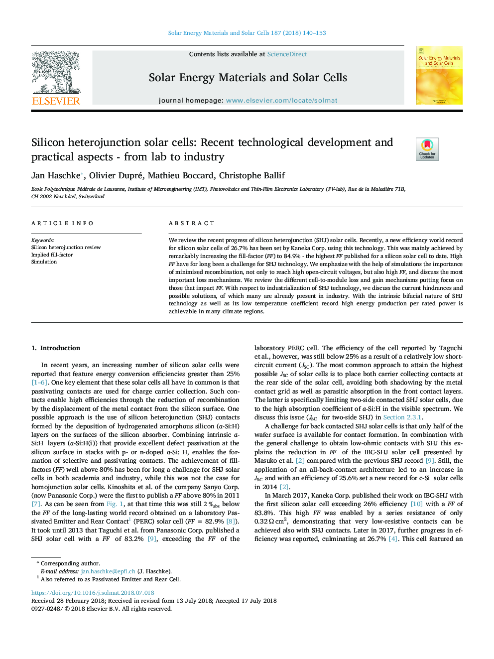 Silicon heterojunction solar cells: Recent technological development and practical aspects - from lab to industry