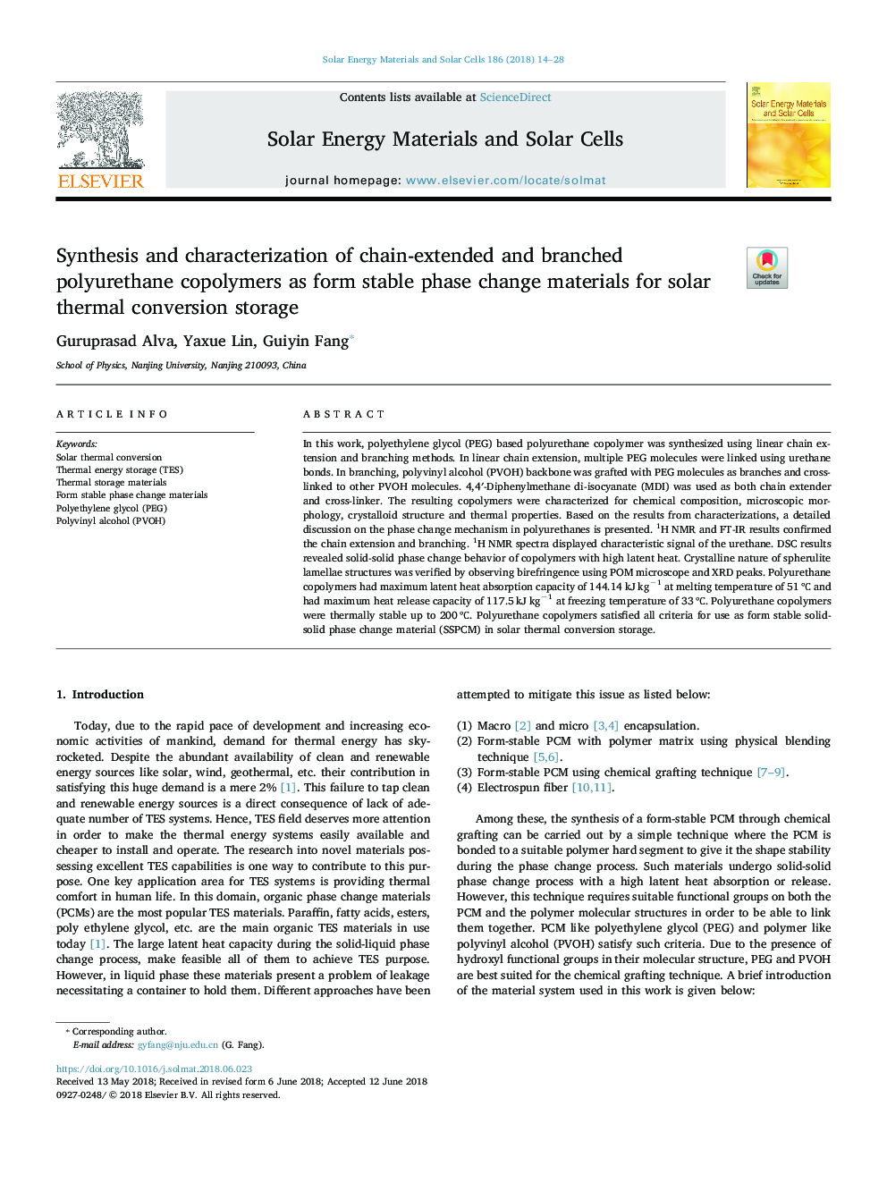 Synthesis and characterization of chain-extended and branched polyurethane copolymers as form stable phase change materials for solar thermal conversion storage