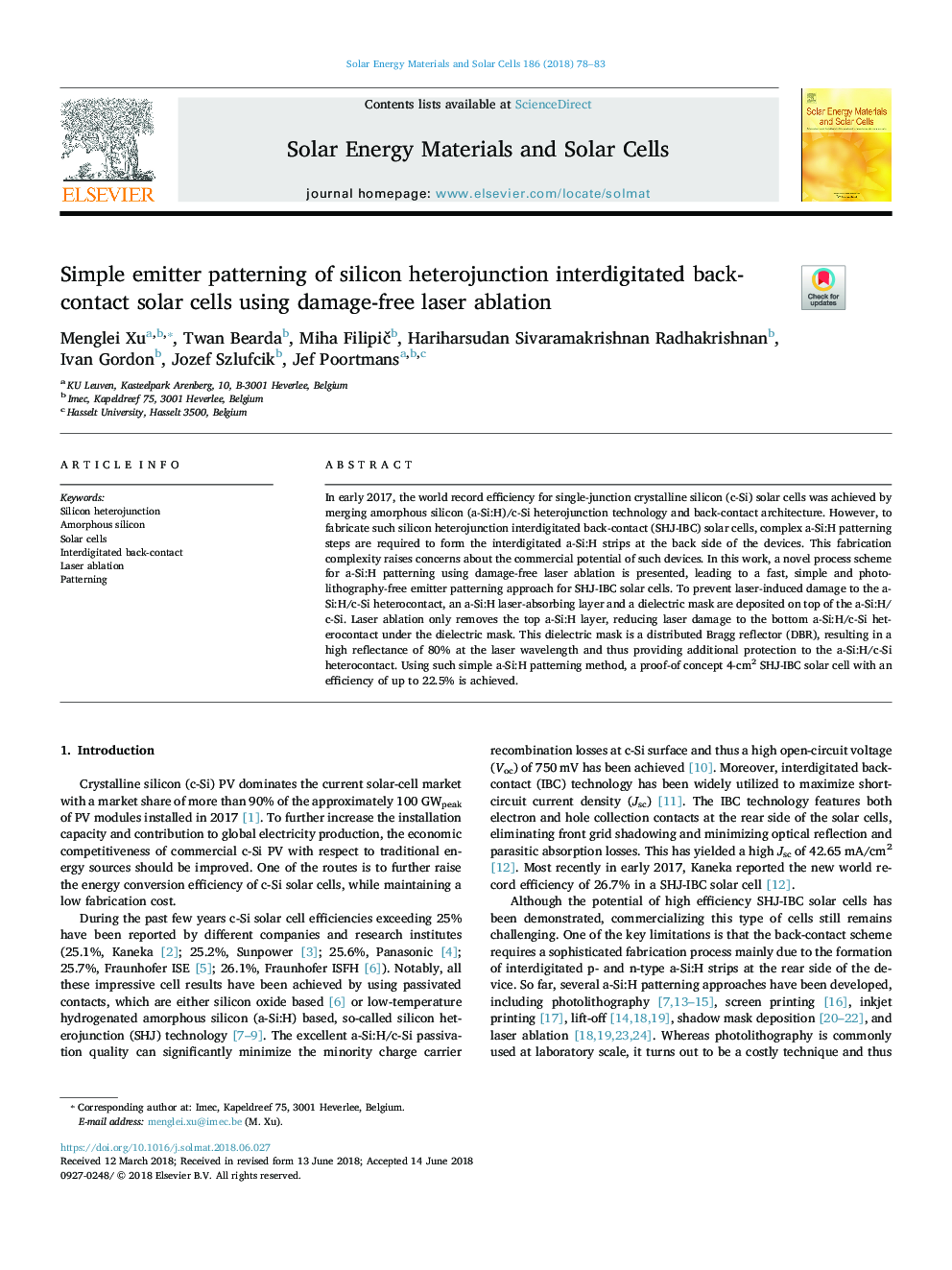 Simple emitter patterning of silicon heterojunction interdigitated back-contact solar cells using damage-free laser ablation