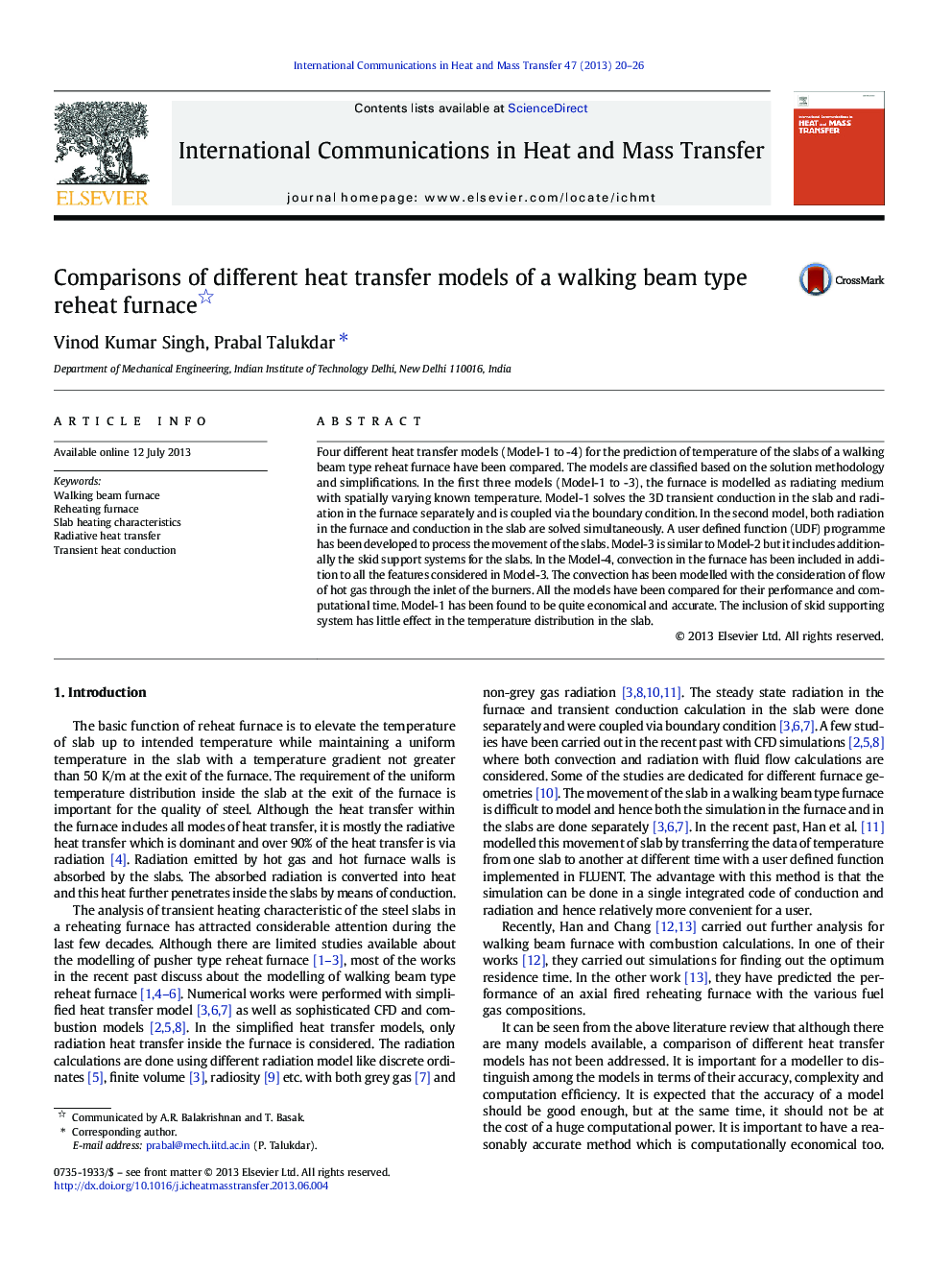 Comparisons of different heat transfer models of a walking beam type reheat furnace 