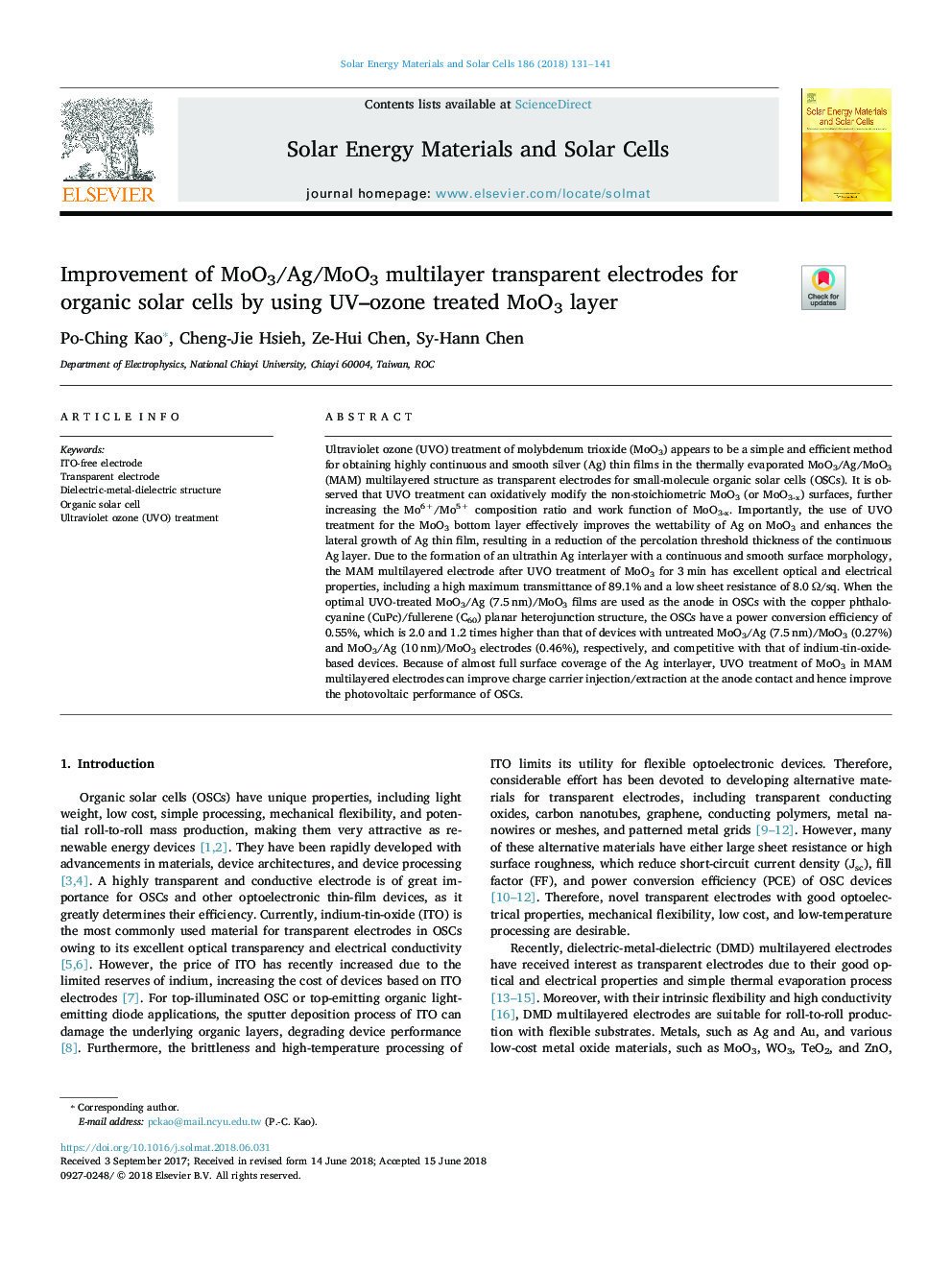 Improvement of MoO3/Ag/MoO3 multilayer transparent electrodes for organic solar cells by using UV-ozone treated MoO3 layer