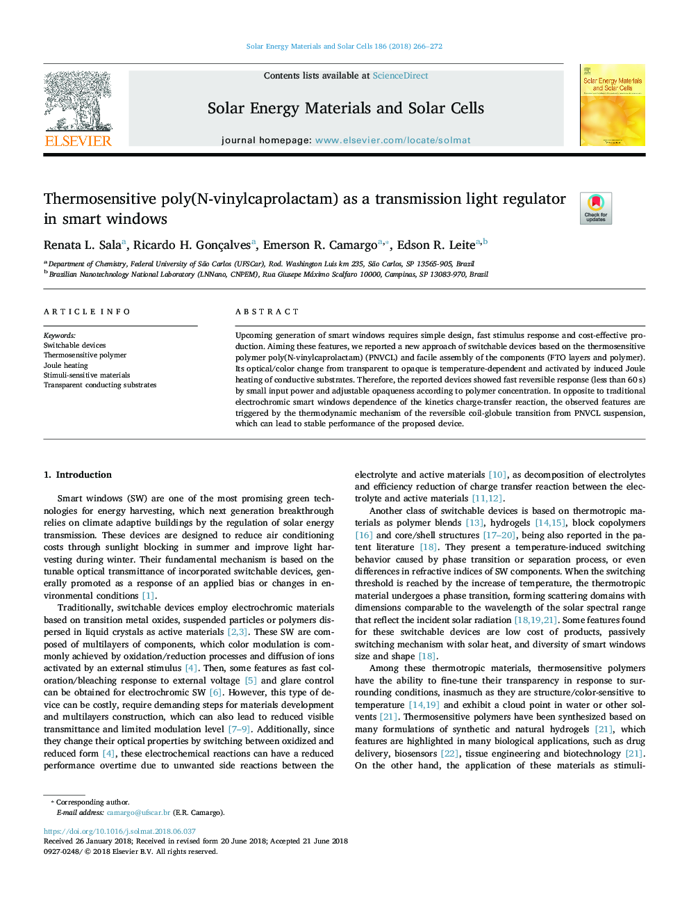 Thermosensitive poly(N-vinylcaprolactam) as a transmission light regulator in smart windows