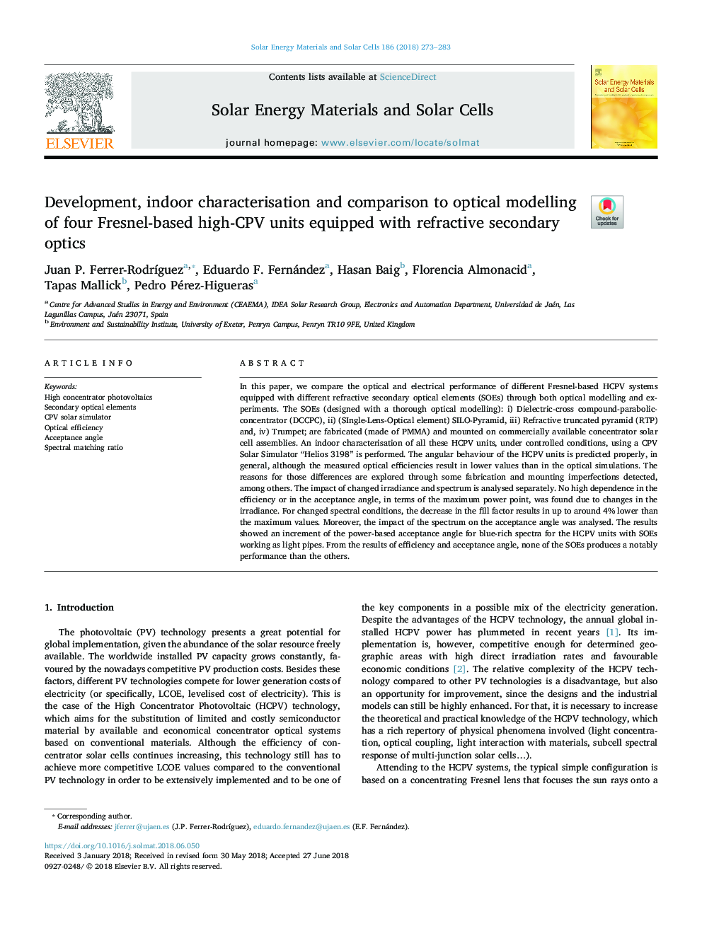 Development, indoor characterisation and comparison to optical modelling of four Fresnel-based high-CPV units equipped with refractive secondary optics