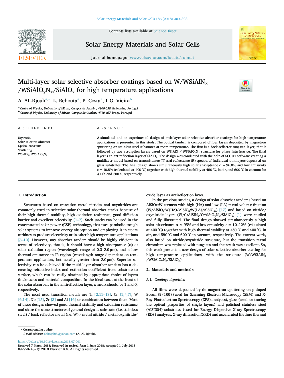 Multi-layer solar selective absorber coatings based on W/WSiAlNx /WSiAlOyNx/SiAlOx for high temperature applications