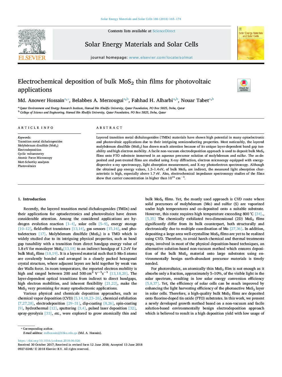 Electrochemical deposition of bulk MoS2 thin films for photovoltaic applications