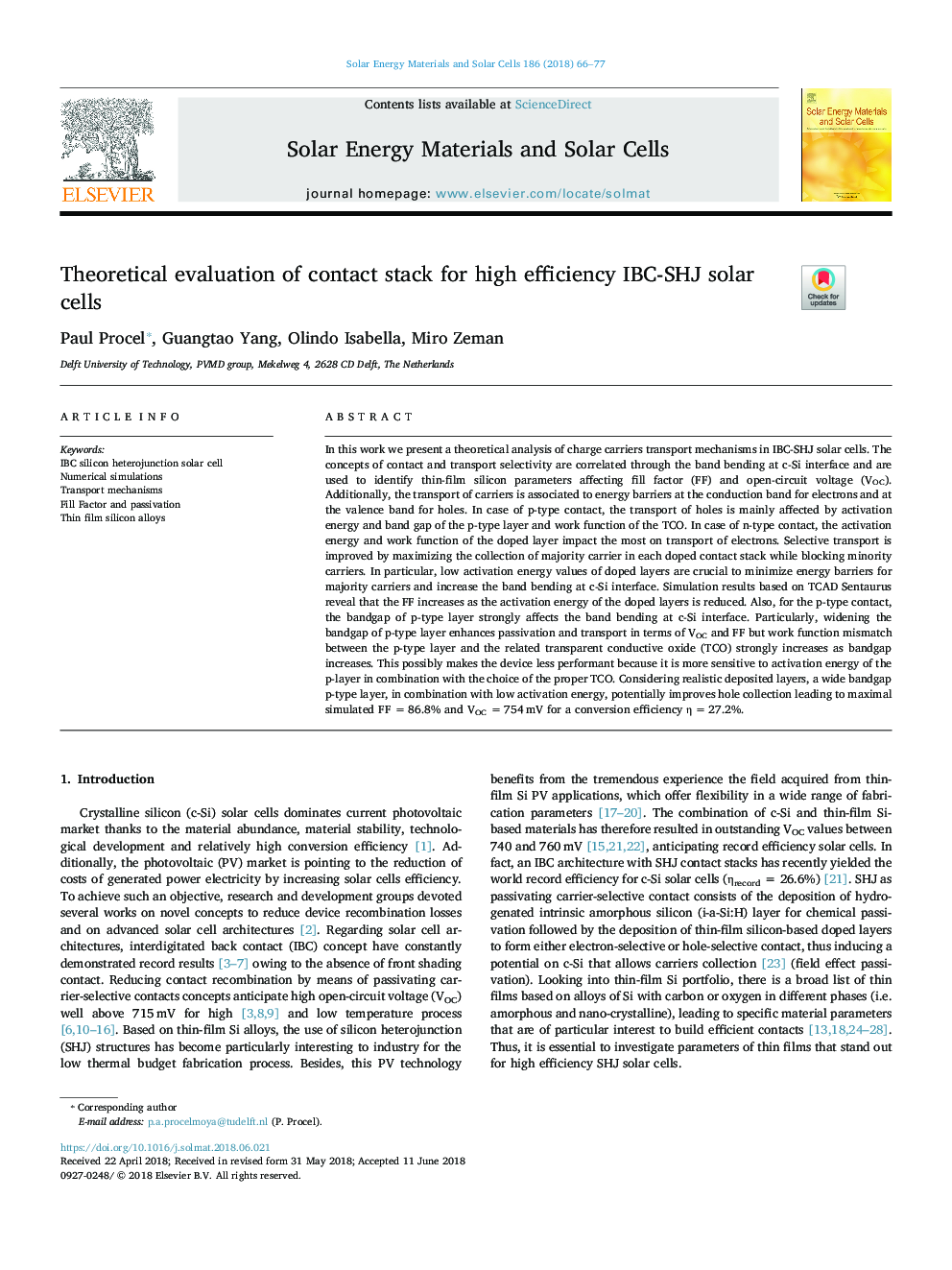 Theoretical evaluation of contact stack for high efficiency IBC-SHJ solar cells